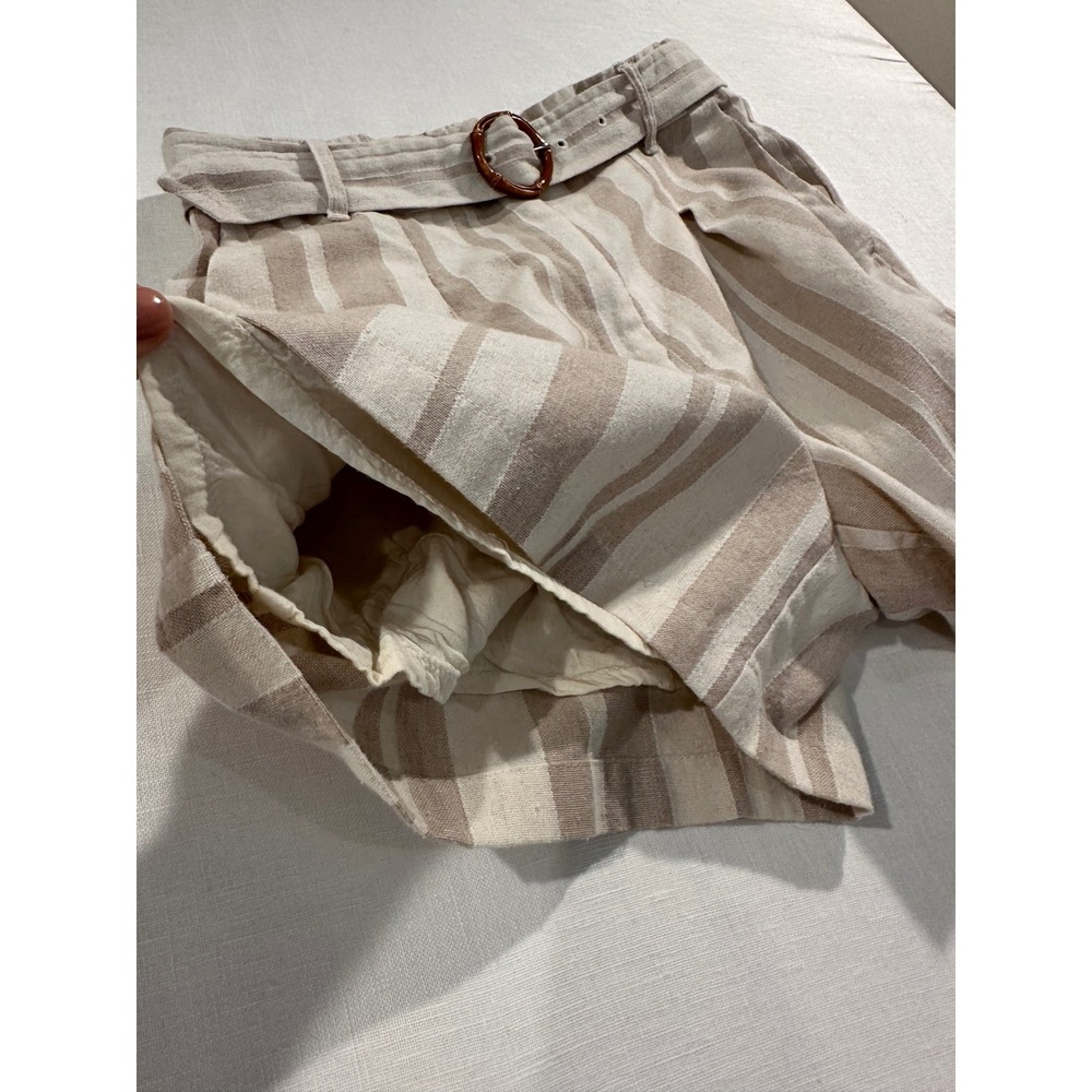 VICI Womens Large Tan White Striped Linen Blend Belted High‎ Rise Shorts - Picture 5 of 8